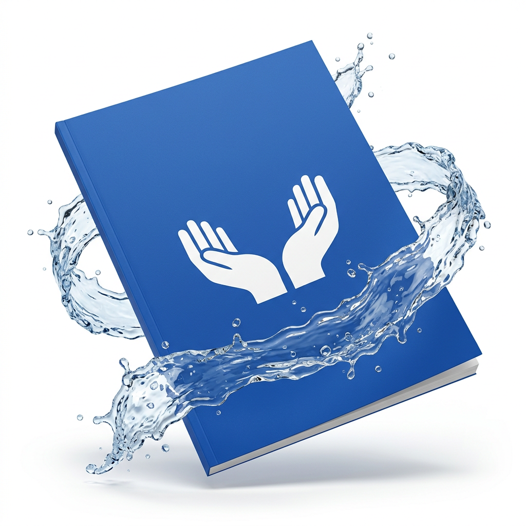 The blue SafeHands booklet tilted in mid-air with a ribbon of clear water curling around it