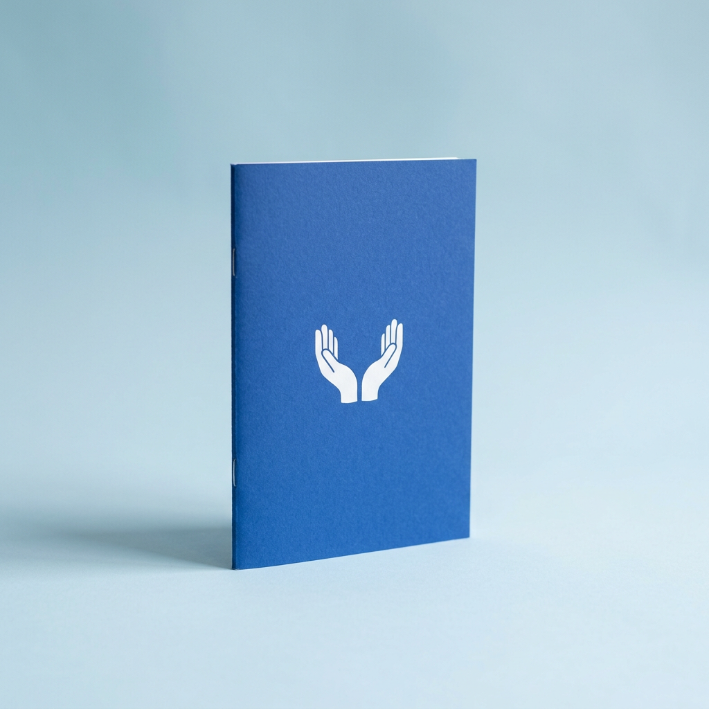 The SafeHands booklet standing on a pale blue surface
