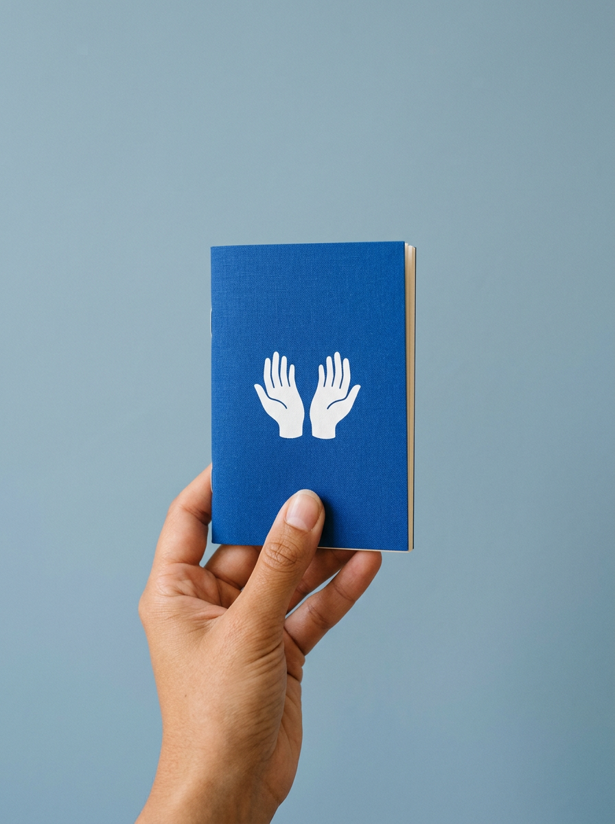 A hand holding up the blue SafeHands booklet