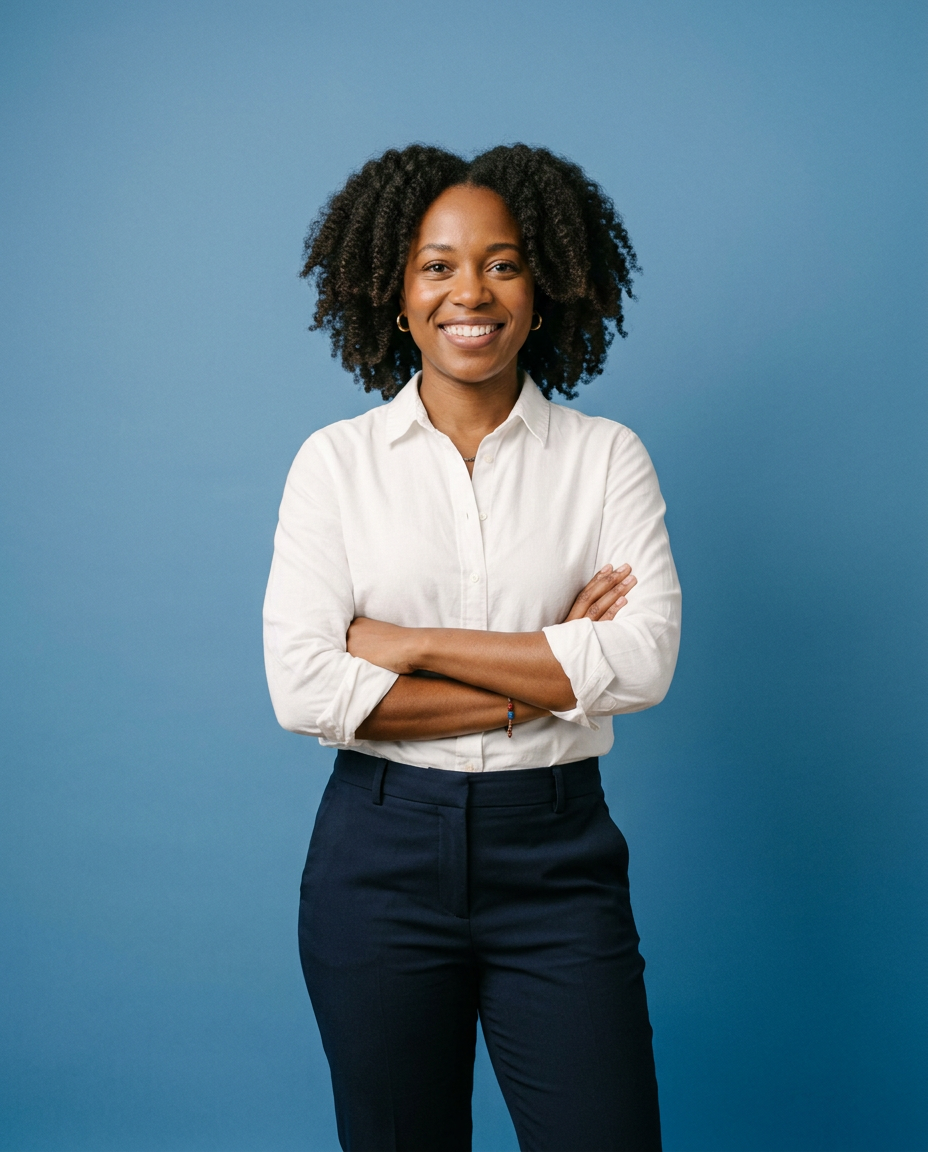 A smiling woman in a white shirt, arms crossed, against a blue backdrop