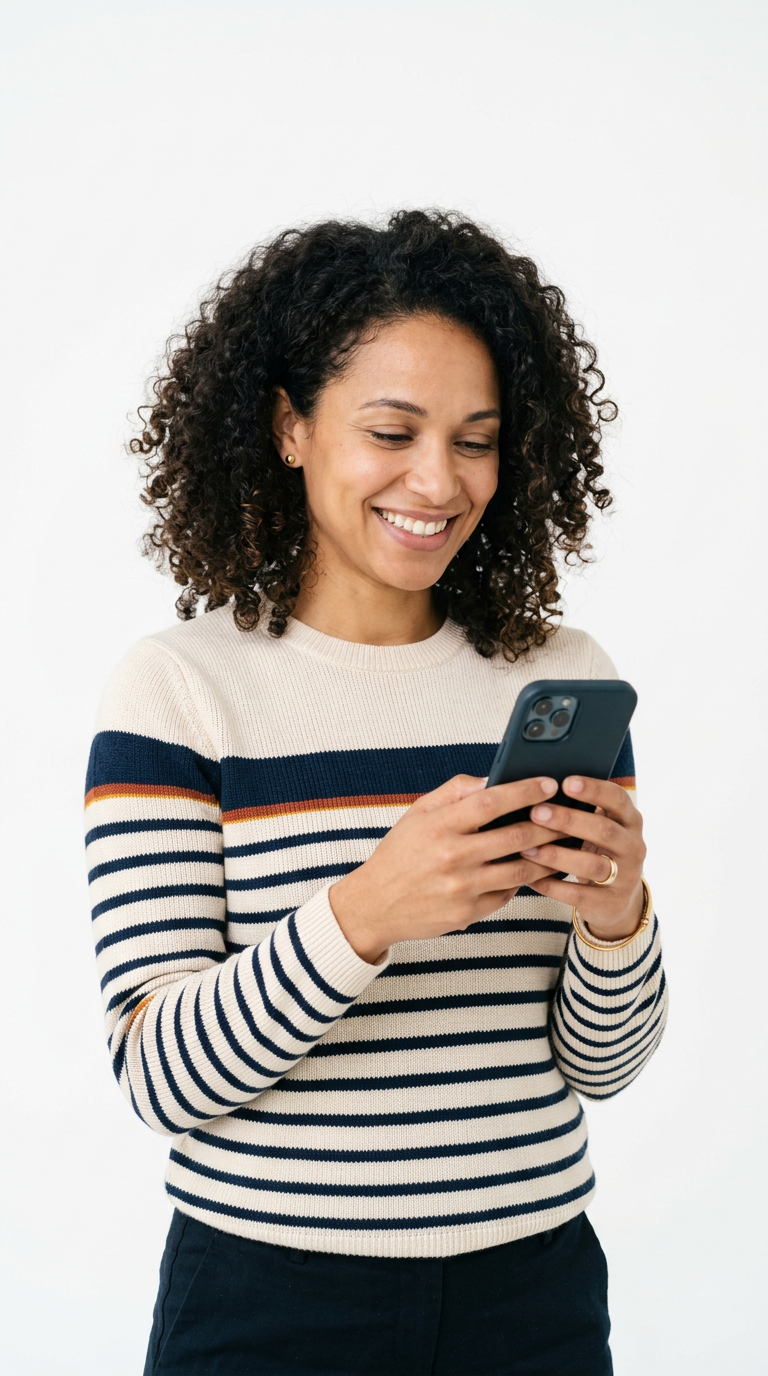 A smiling woman in a striped jumper reading on her phone
